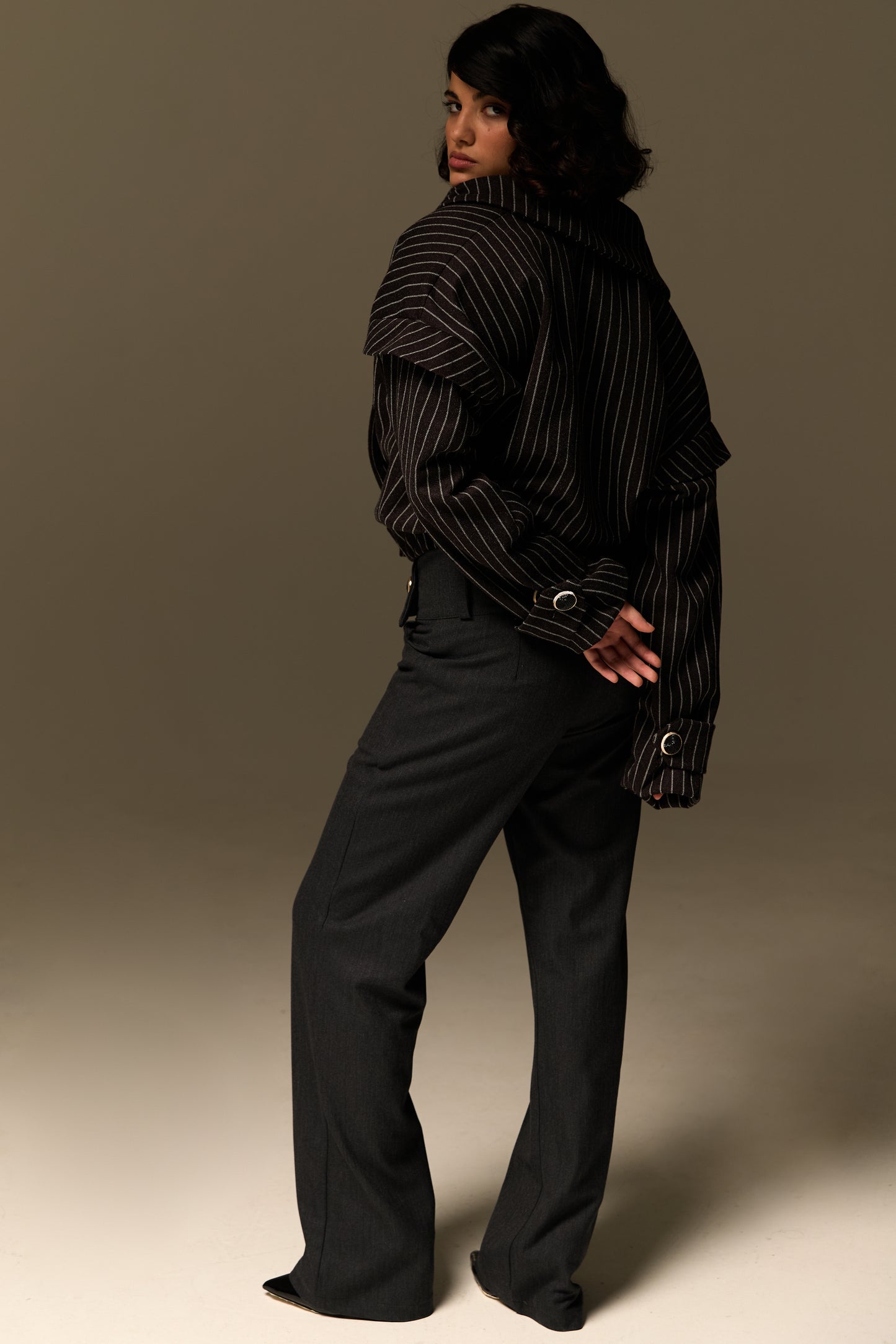 Striped wool coat & Dark blue pants
