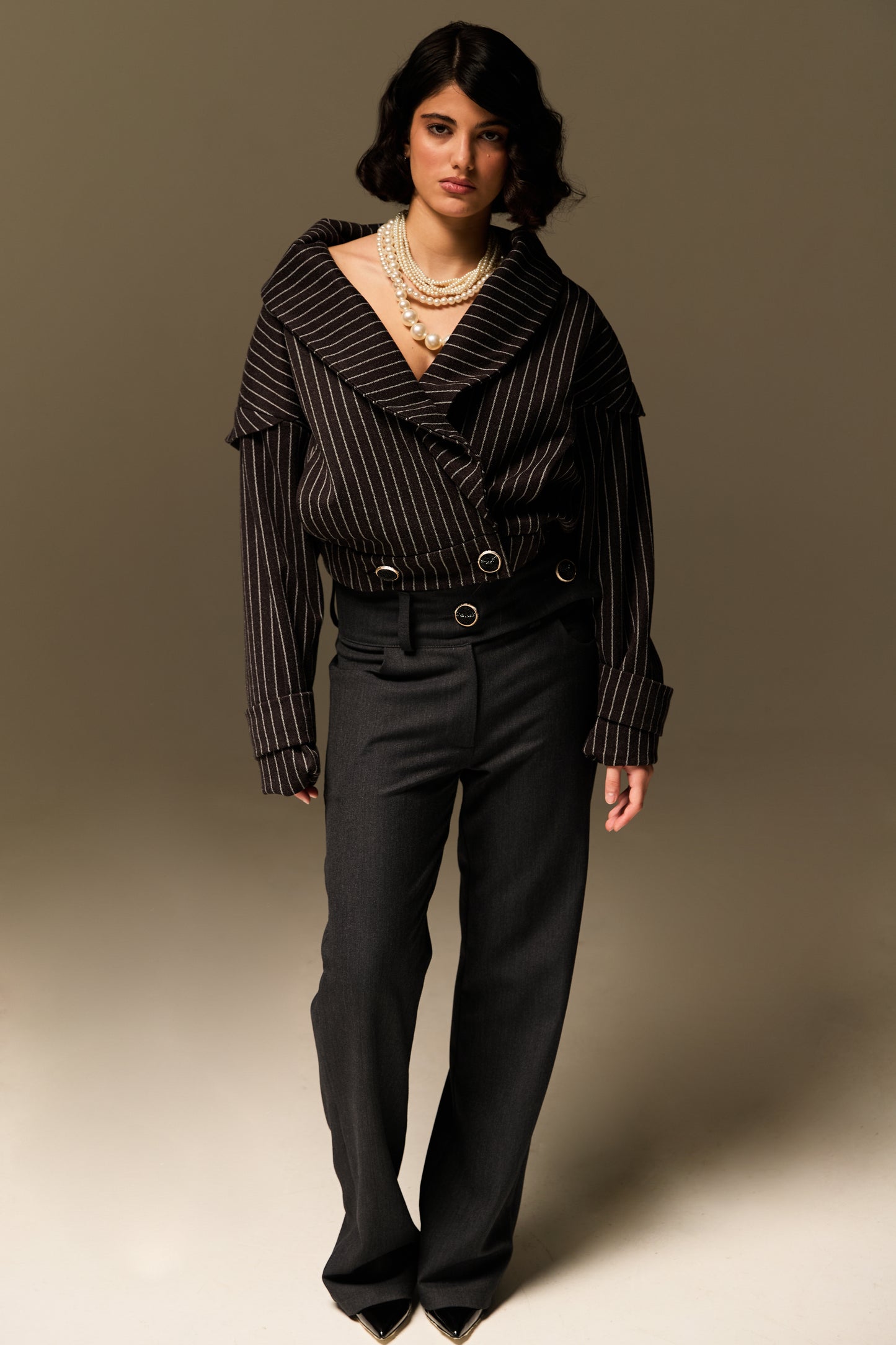 Striped wool coat & Dark blue pants