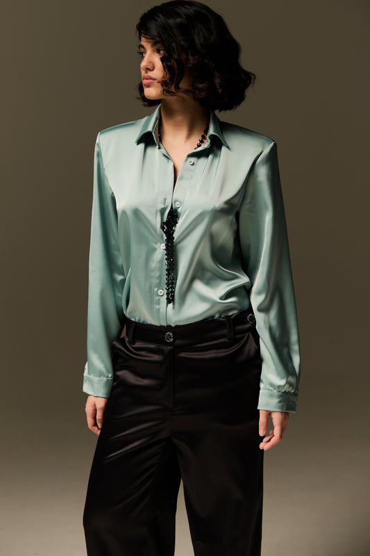 Blue silk shirt & Black silk pants