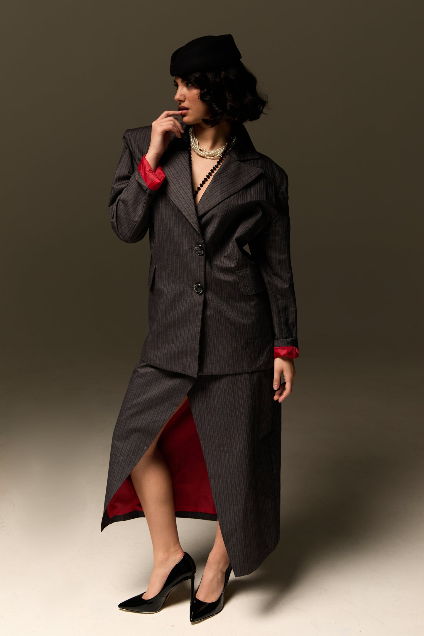 Striped Blazer & Skirt with a red details